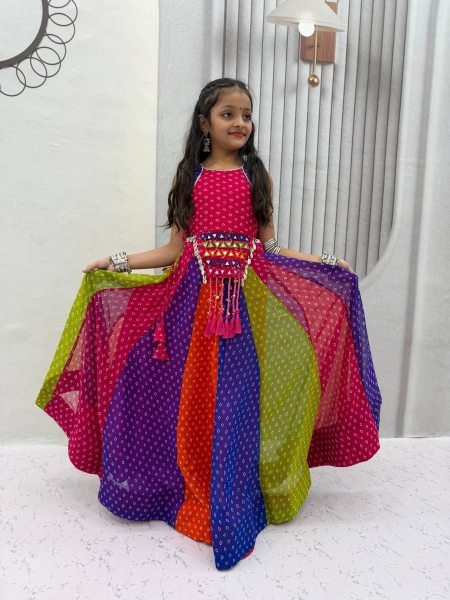 Multi Color Kids Navratri Georgette Lehenga Choli with Real Mirror Work Kurtis
