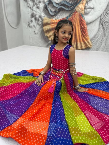 Multi Color Kids Navratri Georgette Lehenga Choli with Real Mirror Work Girls Wear