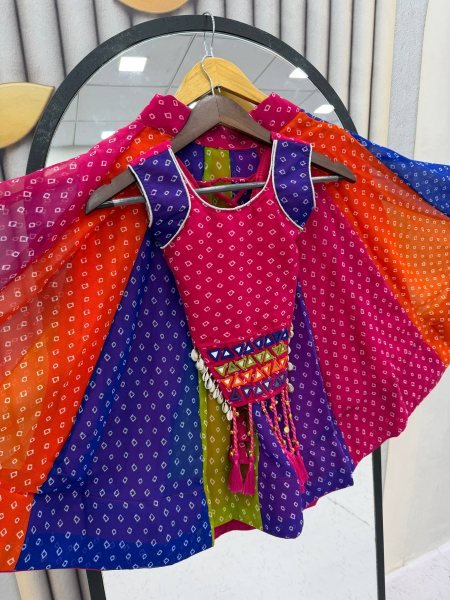 Multi Color Kids Navratri Georgette Lehenga Choli with Real Mirror Work Girls Wear