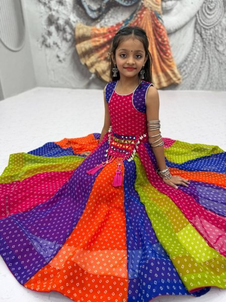 Multi Color Kids Navratri Georgette Lehenga Choli with Real Mirror Work Girls Wear