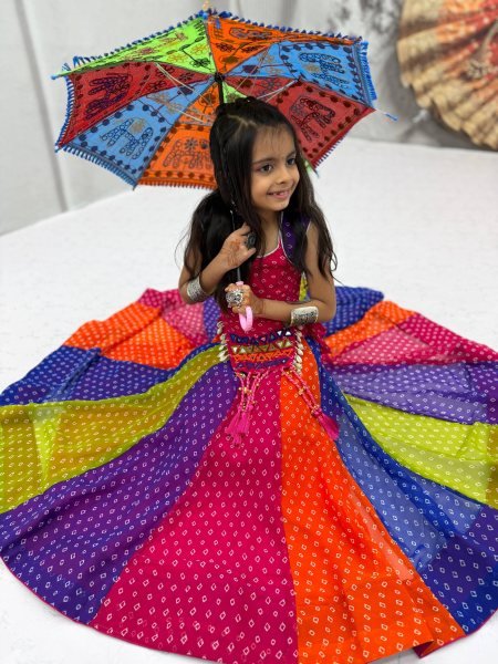 Multi Color Kids Navratri Georgette Lehenga Choli with Real Mirror Work Girls Wear