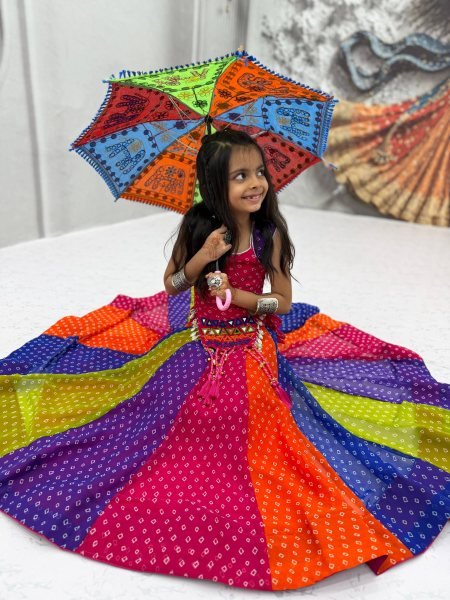 Multi Color Kids Navratri Georgette Lehenga Choli with Real Mirror Work Girls Wear