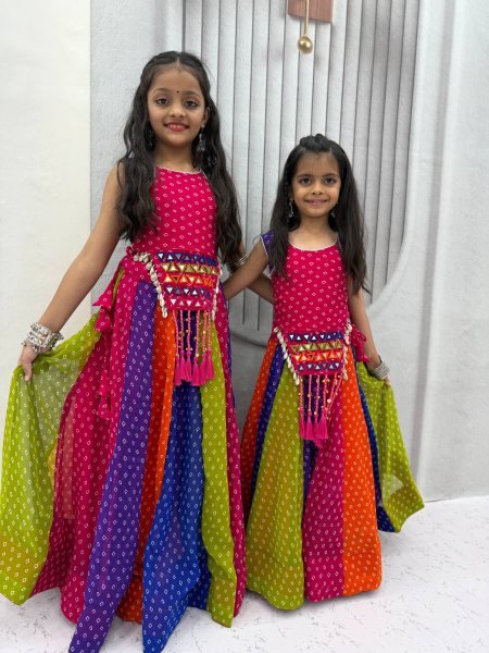 Multi Color Kids Navratri Georgette Lehenga Choli with Real Mirror Work Girls Wear