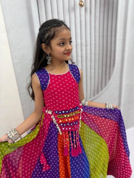 Multi Color Kids Navratri Georgette Lehenga Choli with Real Mirror Work Girls Wear