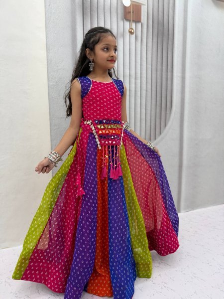 Multi Color Kids Navratri Georgette Lehenga Choli with Real Mirror Work Girls Wear