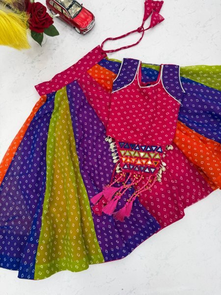 Multi Color Kids Navratri Georgette Lehenga Choli with Real Mirror Work Girls Wear