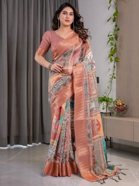 Multi Color Linen Saree with Designer Floral Print nad Matching Blouse Export Quality