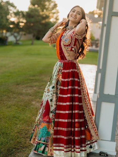 Multi Color Navratri Special Printed Muslin Lehenga Choli with Canvas Stitching and Mirror Work  Lehenga