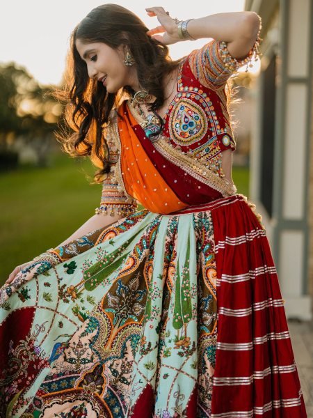 Multi Color Navratri Special Printed Muslin Lehenga Choli with Canvas Stitching and Mirror Work Navratri Lehnega Choli