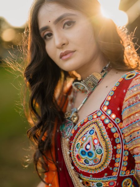 Multi Color Navratri Special Printed Muslin Lehenga Choli with Canvas Stitching and Mirror Work Navratri Lehnega Choli