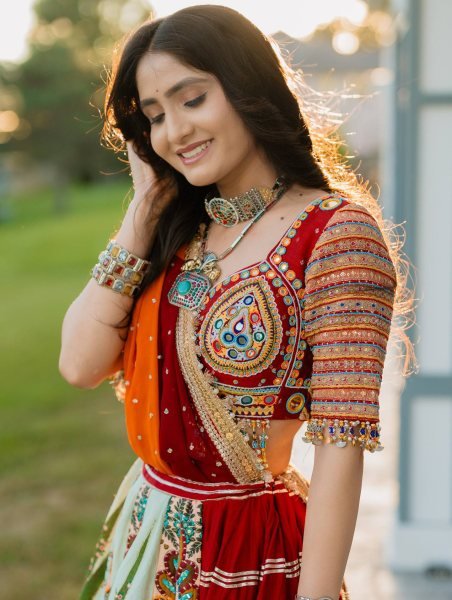 Multi Color Navratri Special Printed Muslin Lehenga Choli with Canvas Stitching and Mirror Work Navratri Lehnega Choli