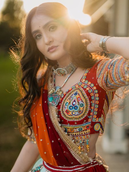 Multi Color Navratri Special Printed Muslin Lehenga Choli with Canvas Stitching and Mirror Work Navratri Lehnega Choli