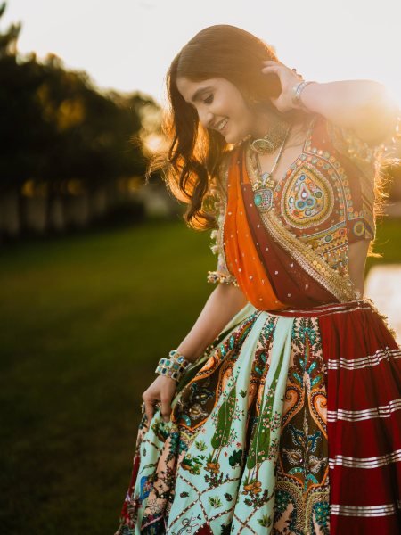 Multi Color Navratri Special Printed Muslin Lehenga Choli with Canvas Stitching and Mirror Work Navratri Lehnega Choli
