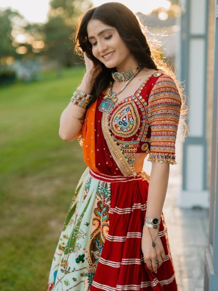 Multi Color Navratri Special Printed Muslin Lehenga Choli with Canvas Stitching and Mirror Work Navratri Lehnega Choli