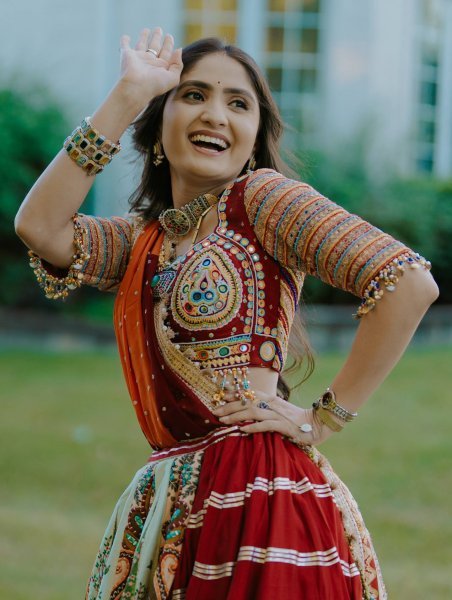 Multi Color Navratri Special Printed Muslin Lehenga Choli with Canvas Stitching and Mirror Work Navratri Lehnega Choli