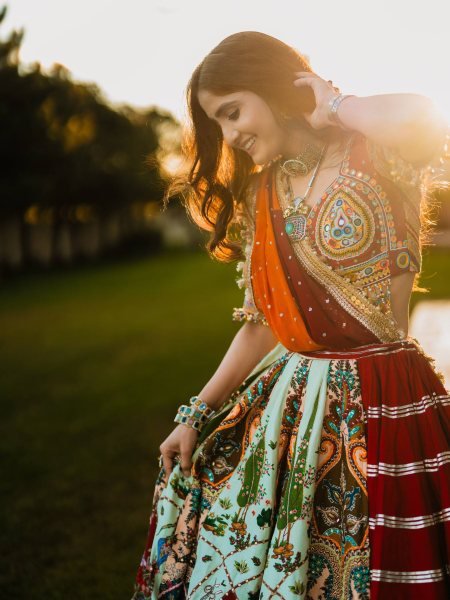 Multi Color Navratri Special Printed Muslin Lehenga Choli with Canvas Stitching and Mirror Work Navratri Lehnega Choli