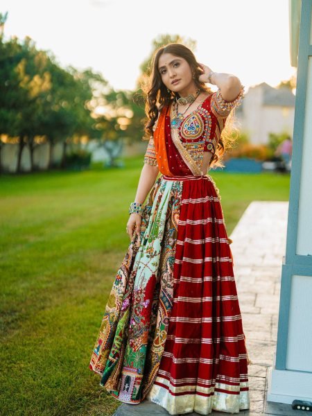 Multi Color Navratri Special Printed Muslin Lehenga Choli with Canvas Stitching and Mirror Work Navratri Lehnega Choli