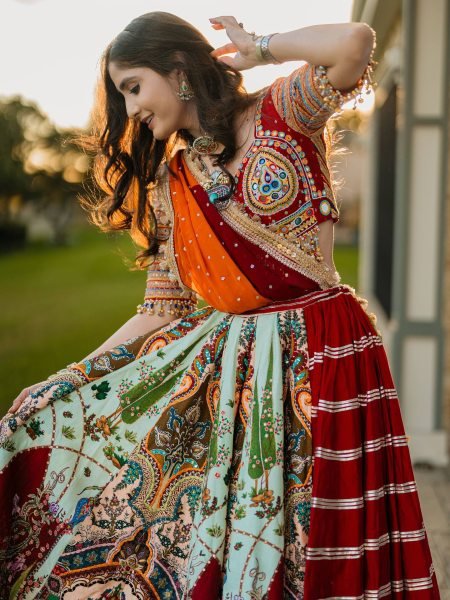 Multi Color Navratri Special Printed Muslin Lehenga Choli with Canvas Stitching and Mirror Work Navratri Lehnega Choli