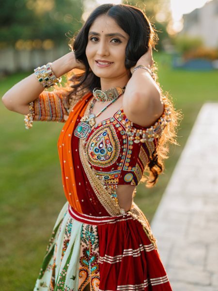 Multi Color Navratri Special Printed Muslin Lehenga Choli with Canvas Stitching and Mirror Work Navratri Lehnega Choli