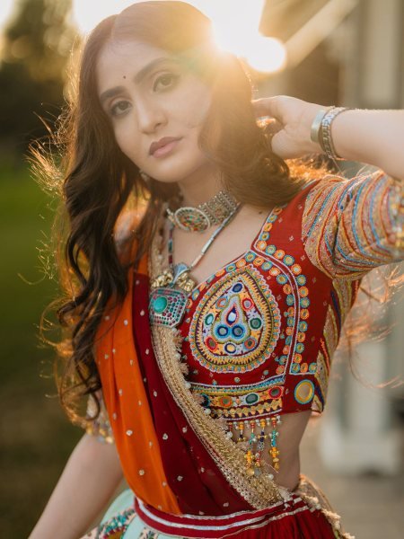 Multi Color Navratri Special Printed Muslin Lehenga Choli with Canvas Stitching and Mirror Work Navratri Lehnega Choli