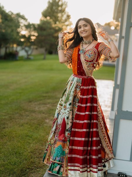 Multi Color Navratri Special Printed Muslin Lehenga Choli with Canvas Stitching and Mirror Work Navratri Lehnega Choli
