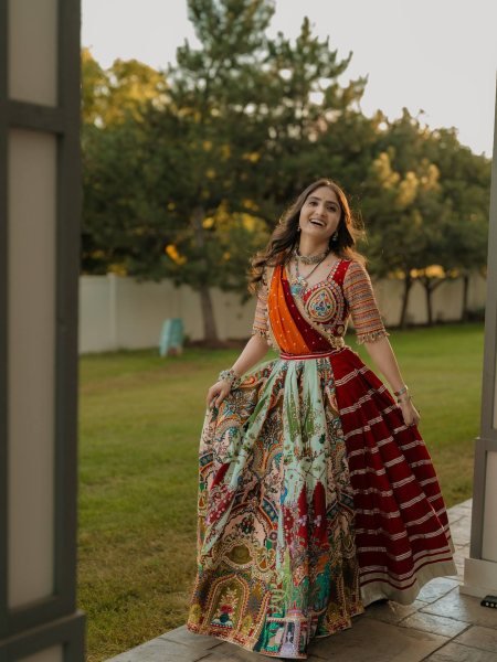 Multi Color Navratri Special Printed Muslin Lehenga Choli with Canvas Stitching and Mirror Work Navratri Lehnega Choli