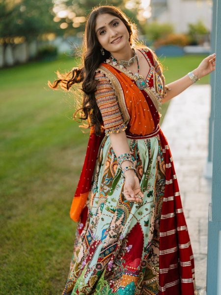 Multi Color Navratri Special Printed Muslin Lehenga Choli with Canvas Stitching and Mirror Work Navratri Lehnega Choli