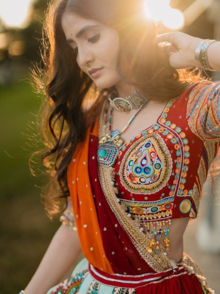 Multi Color Navratri Special Printed Muslin Lehenga Choli with Canvas Stitching and Mirror Work Navratri Lehnega Choli