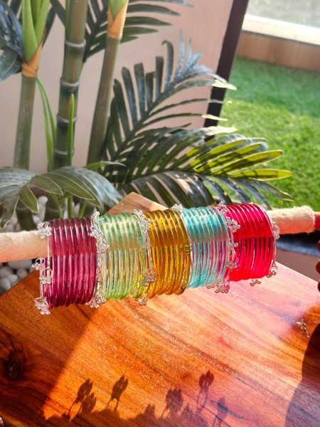 Multi color Premium Glass Bangles Combo with Silver Gold Finish Sarees 