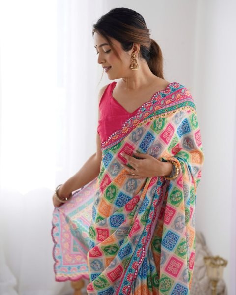 Multi-Color Printed Chinon Saree with Designer Mirror Lace Surat-Based Supplier Buy Now at Best Price Designer Wedding Sarees Wholesale