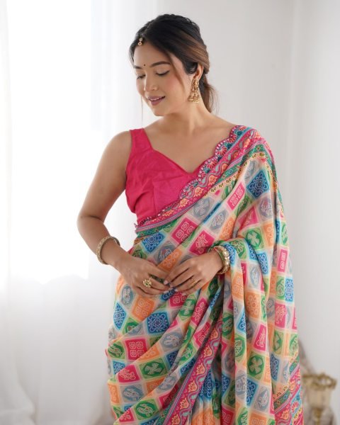 Multi-Color Printed Chinon Saree with Designer Mirror Lace Surat-Based Supplier Buy Now at Best Price Designer Wedding Sarees Wholesale