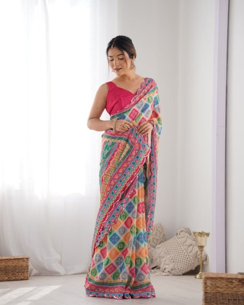 Multi-Color Printed Chinon Saree with Designer Mirror Lace Surat-Based Supplier Buy Now at Best Price Designer Wedding Sarees Wholesale