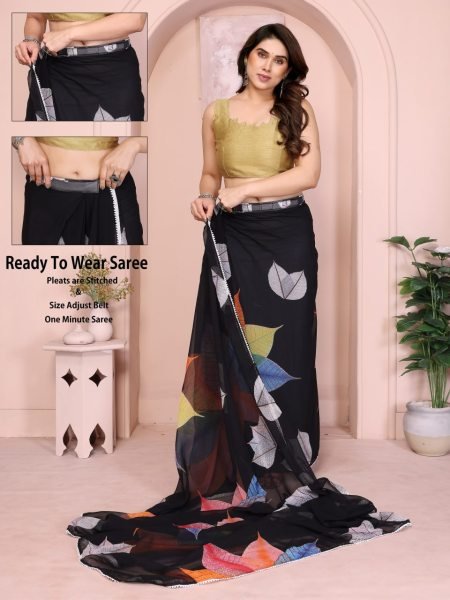 Multi-Color Printed Georgette Ready to Wear Saree with Lace & Banglori Blouse Wholesale Collection for Resellers Georgette Sarees Wholesale