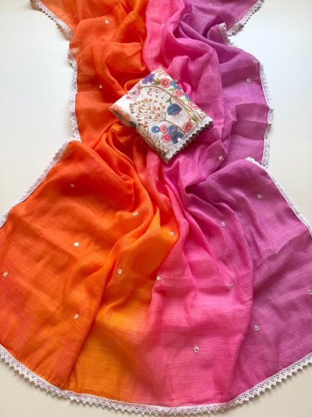 Multi Color Shards Boutique Style Soft Peding Linen Saree with Embroidery Border Embroidery Sarees Wholesale