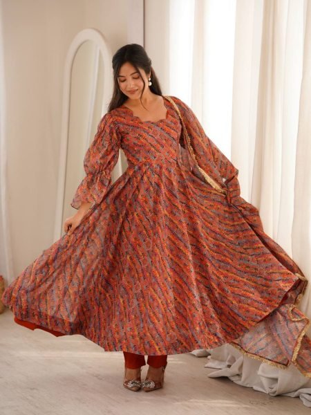 Multi Color Tebi Organza Gown Pant Set with Golden Lace Dupatta for Festive Wear Ready To Wear Suit