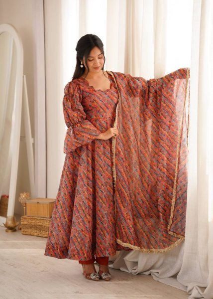 Multi Color Tebi Organza Gown Pant Set with Golden Lace Dupatta for Festive Wear Ready To Wear Collection