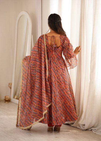Multi Color Tebi Organza Gown Pant Set with Golden Lace Dupatta for Festive Wear Ready To Wear Collection