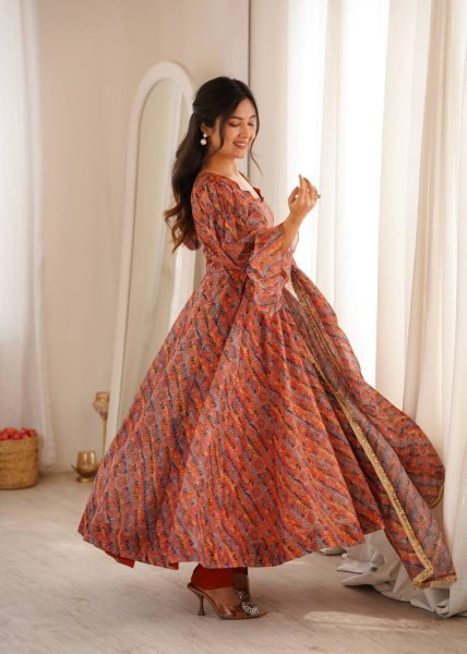 Multi Color Tebi Organza Gown Pant Set with Golden Lace Dupatta for Festive Wear Ready To Wear Collection