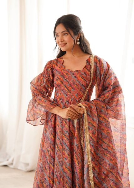 Multi Color Tebi Organza Gown Pant Set with Golden Lace Dupatta for Festive Wear Ready To Wear Collection