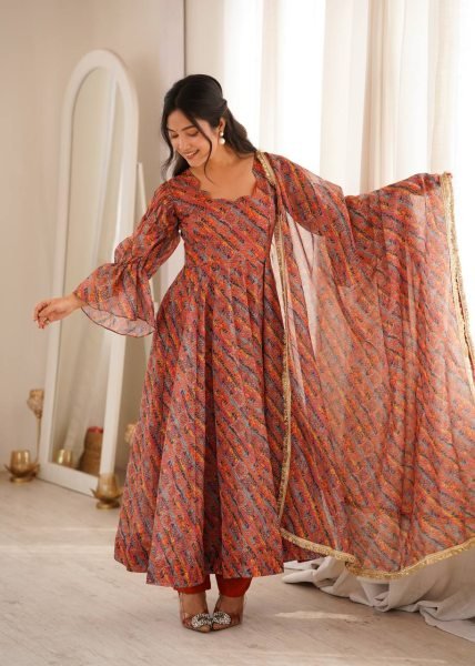 Multi Color Tebi Organza Gown Pant Set with Golden Lace Dupatta for Festive Wear Ready To Wear Collection