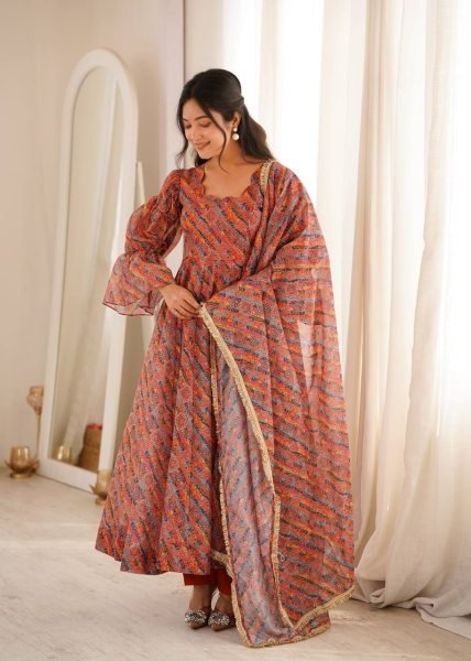 Multi Color Tebi Organza Gown Pant Set with Golden Lace Dupatta for Festive Wear Ready To Wear Collection