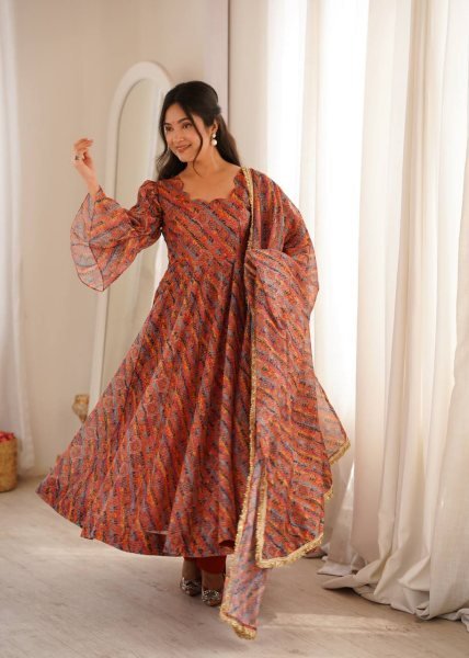 Multi Color Tebi Organza Gown Pant Set with Golden Lace Dupatta for Festive Wear Ready To Wear Collection
