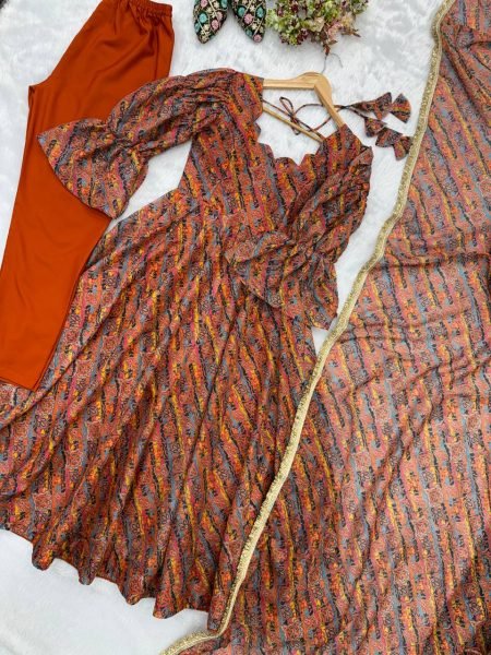 Multi Color Tebi Organza Gown Pant Set with Golden Lace Dupatta for Festive Wear Ready To Wear Collection