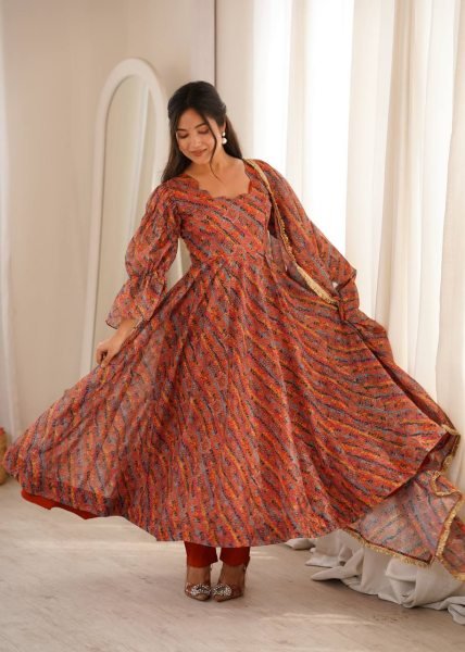 Multi Color Tebi Organza Gown Pant Set with Golden Lace Dupatta for Festive Wear Ready To Wear Collection