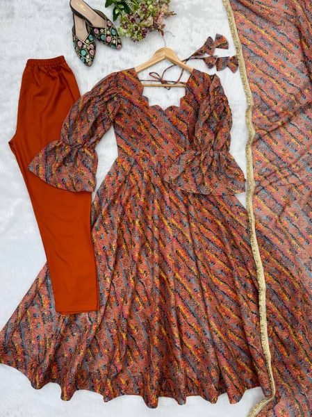 Multi Color Tebi Organza Gown Pant Set with Golden Lace Dupatta for Festive Wear Ready To Wear Collection