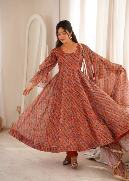 Multi Color Tebi Organza Gown Pant Set with Golden Lace Dupatta for Festive Wear Ready To Wear Collection