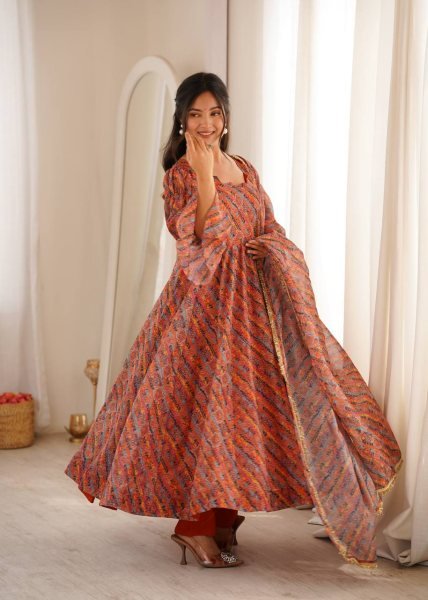 Multi Color Tebi Organza Gown Pant Set with Golden Lace Dupatta for Festive Wear Ready To Wear Collection