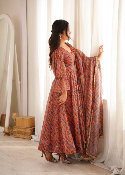 Multi Color Tebi Organza Gown Pant Set with Golden Lace Dupatta for Festive Wear Ready To Wear Collection