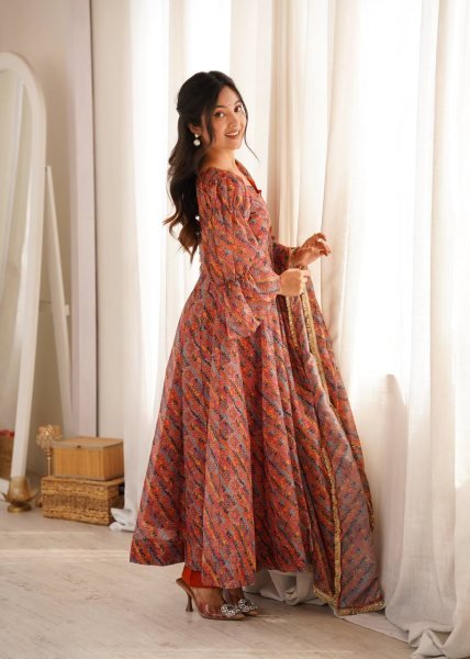 Multi Color Tebi Organza Gown Pant Set with Golden Lace Dupatta for Festive Wear Ready To Wear Collection