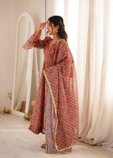 Multi Color Tebi Organza Gown Pant Set with Golden Lace Dupatta for Festive Wear Ready To Wear Collection